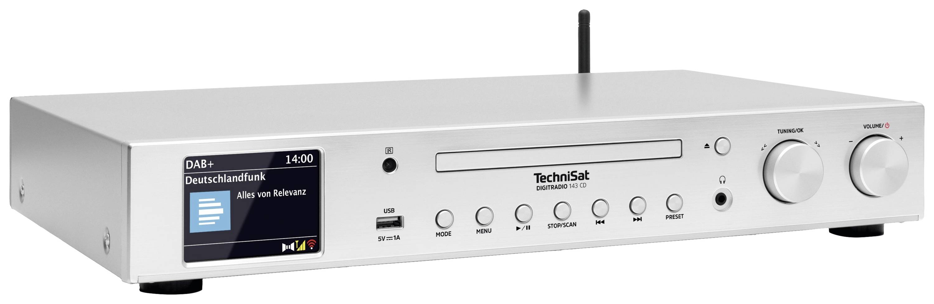 Stříbrný Hi-Fi receiver od společnosti TechniSat s displejem, tlačítky a ovladači pro nastavení a ovládání. Příjem DAB+ a FM vysílání.