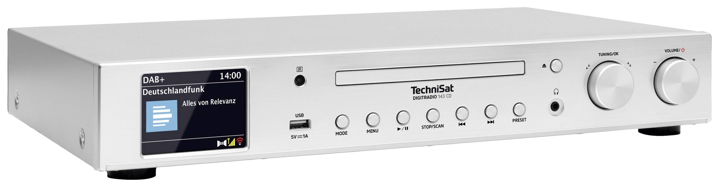 Stříbrný digitální rádio přijímač s displejem zobrazuje 'DAB+ Deutschlandfunk'. Jsou viditelné ovladače pro nastavení hlasitosti a výběr stanice.