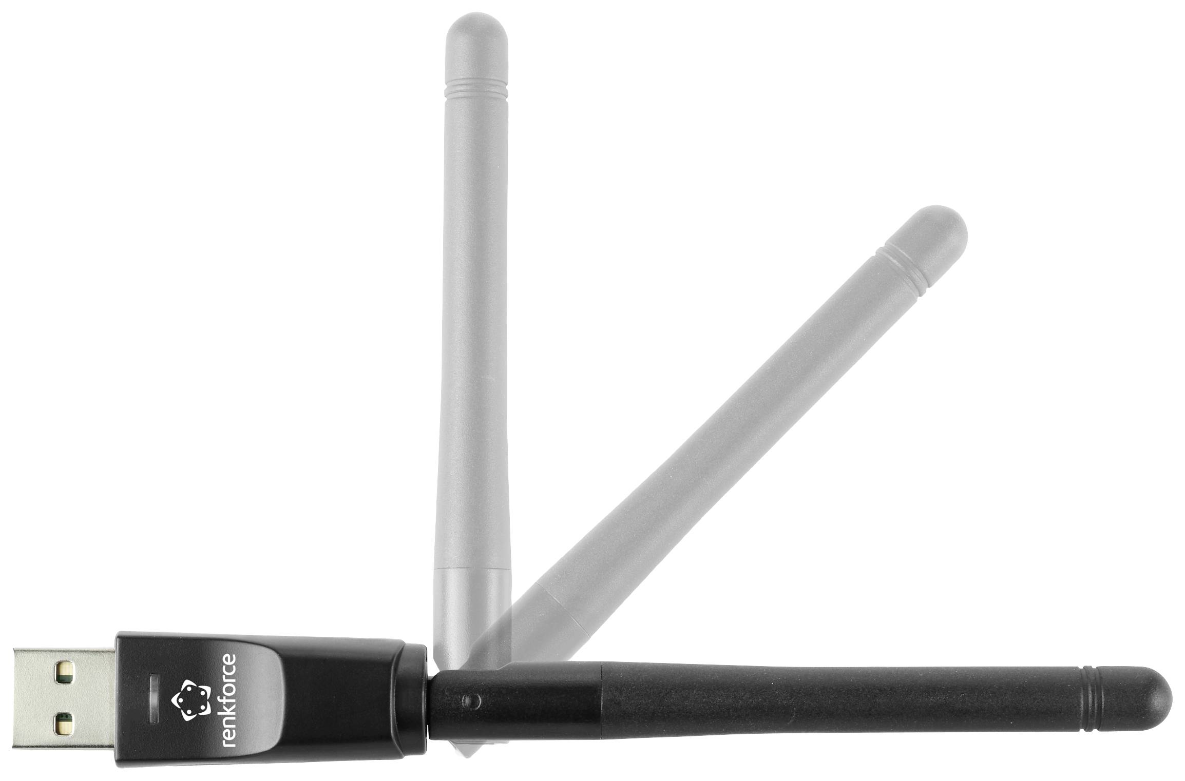 USB WLAN adaptér s otočnou anténou. Vlevo je vidět USB konektor, vpravo anténa zobrazená v různých úhlech.