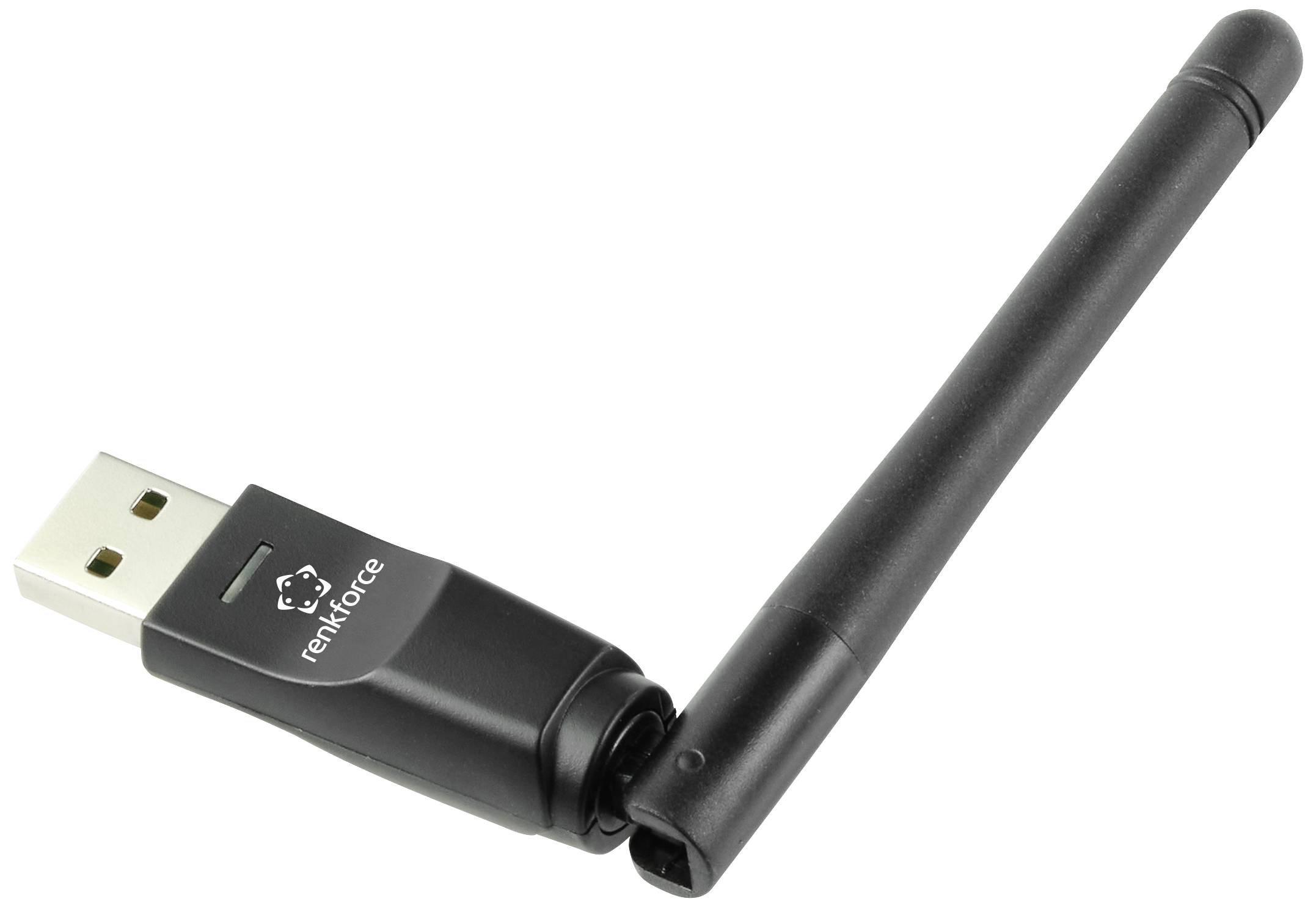 Černý USB Wi-Fi adaptér s odpojitelnou otočnou anténou, na jehož krytu je nápis 'renkforce'.