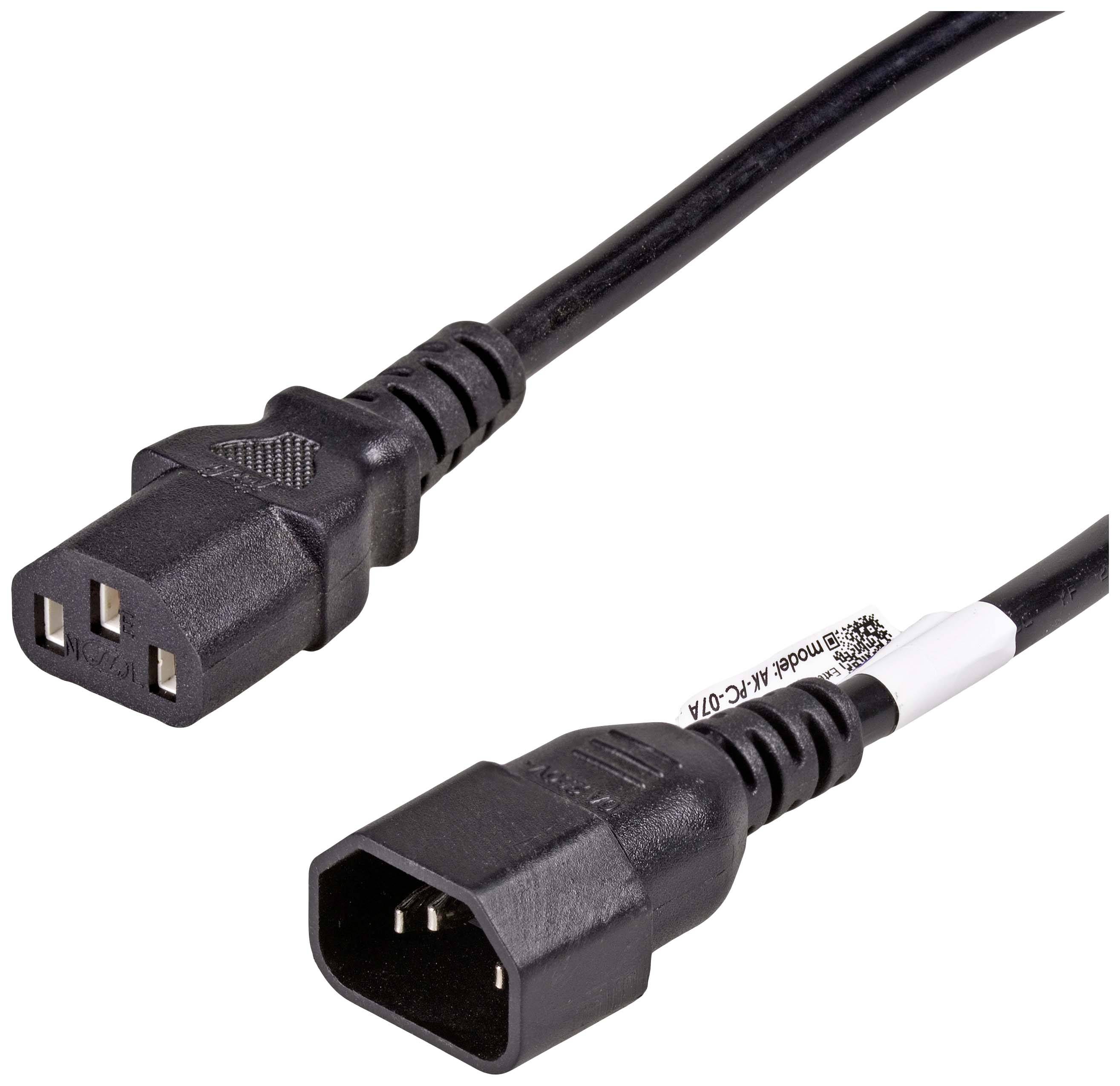 Černý síťový kabel s koncovkou samice C13 a samcem C14, často používaný pro počítače a elektronická zařízení.