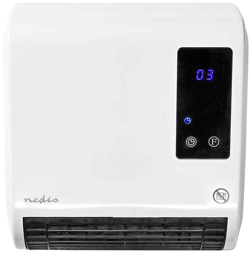 Bílý elektrický vysoušeč rukou s digitálním displejem zobrazuje '03'. Pod displejem jsou dvě tlačítka pro nastavení časovače a ventilátoru.