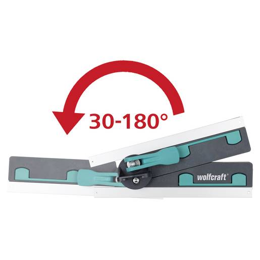 Úhloměr 'Wolfcraft', ukazující měřicí rozsah od 30 do 180 stupňů s červenou šipkou na šedém a zeleném přístroji.