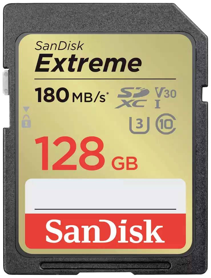 SanDisk Extreme SD karta 128 GB, rychlost čtení 180 MB/s, V30, U3, třída 10, vhodná pro rychlé ukládání dat.