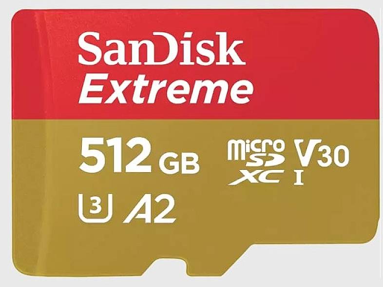 Paměťová karta SanDisk Extreme microSD, 512 GB, U3, A2, V30, vhodná pro rychlý přenos dat a nahrávání 4K videí.