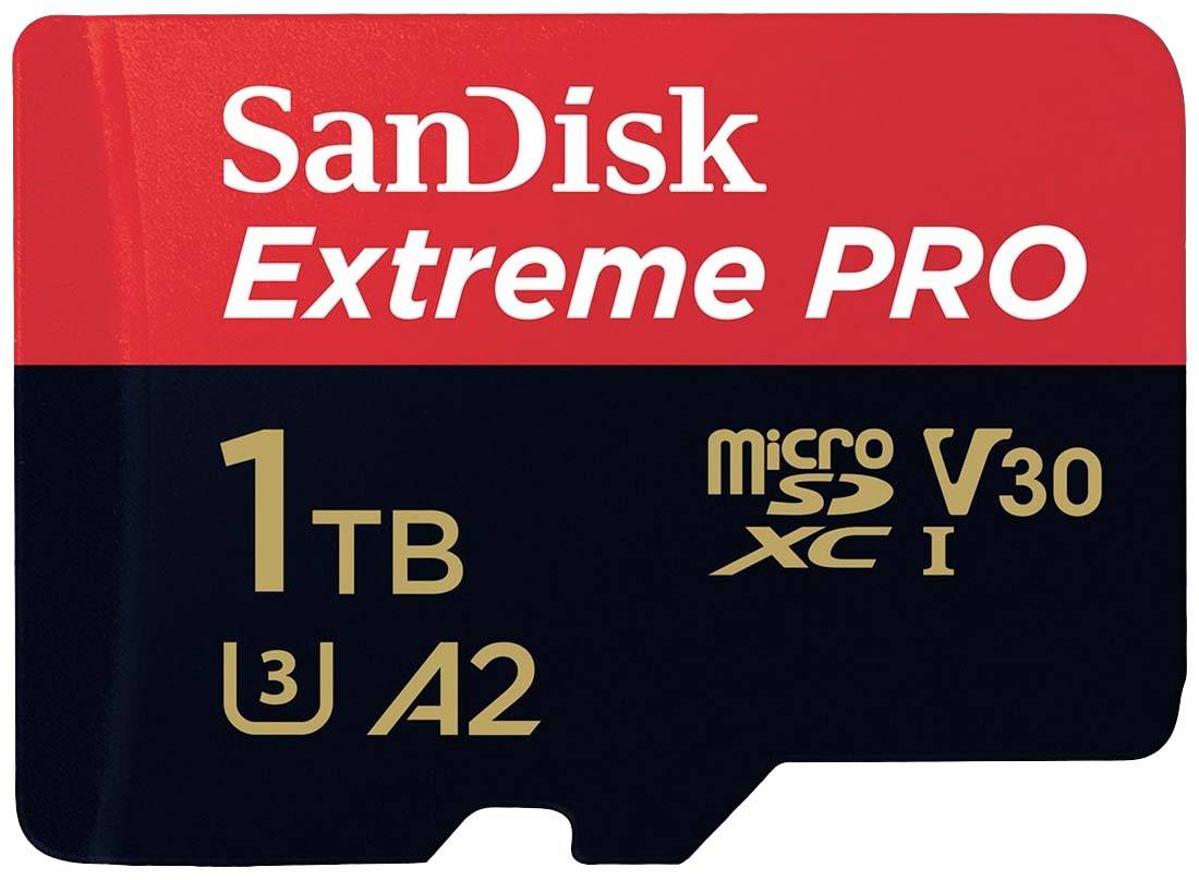Karta SanDisk Extreme PRO microSD s kapacitou 1 TB, vhodná pro vysoký výkon a rychlost, klasifikace U3, A2, V30.