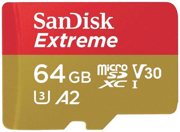 SanDisk SanDisk Extreme - Flash-Speicherkarte (microSDXC-an-SD-Adapter inbegriffen) paměťová karta microSD  64 GB Class 10, UHS-I, v30 Video Speed Class nárazuvzdorné, vodotěsné