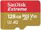 Paměťová karta SanDisk Extreme microSD s 128 GB úložným prostorem, třída V30, UHS-I, A2, vhodná pro rychlý přenos dat a aplikace.
