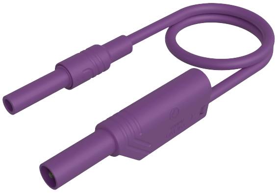 Fialový vodivý propojovací kabel se dvěma konektory, jeden z nich je zahnutý, určený pro elektronická zařízení.