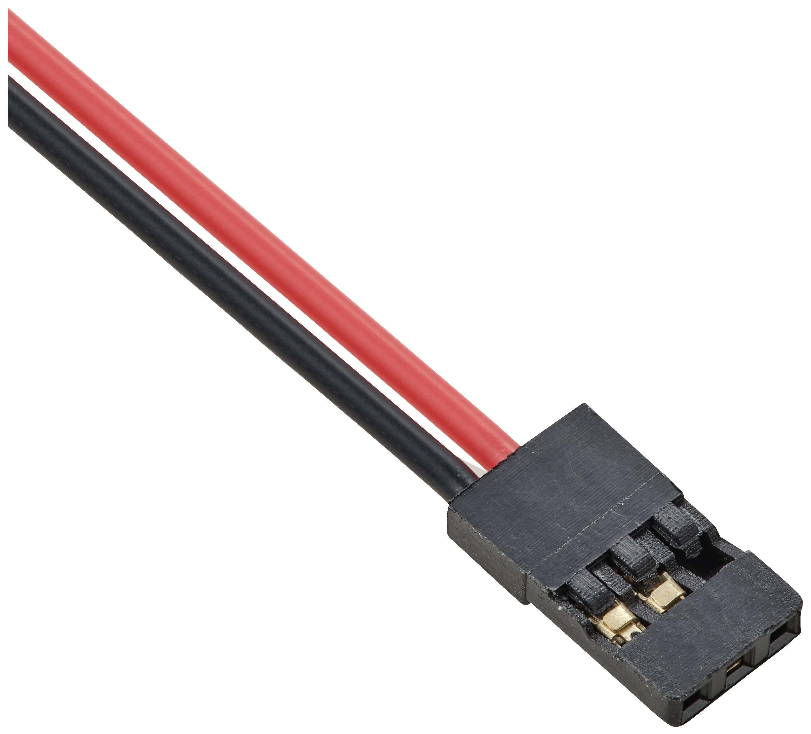 Černý a červený vodič ústí do dvoupólového konektoru. Konektor se používá pro elektronická propojení.