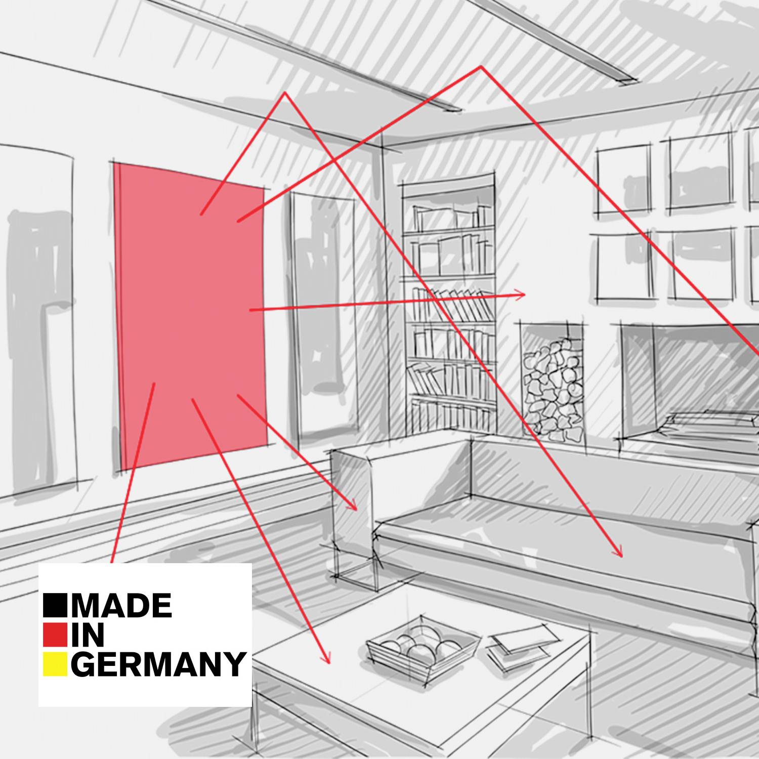Moderní obývací pokoj s pohovkou, knihovnou a krbem. Vpravo dole logo 'Made in Germany'.