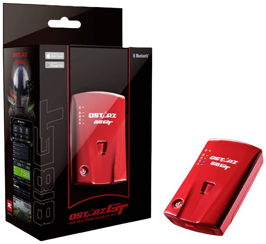 Červený obal diagnostického zařízení, model 'OSTAZ GT 868 GT', s bluetooth symboly, zobrazený vedle samotného přístroje.
