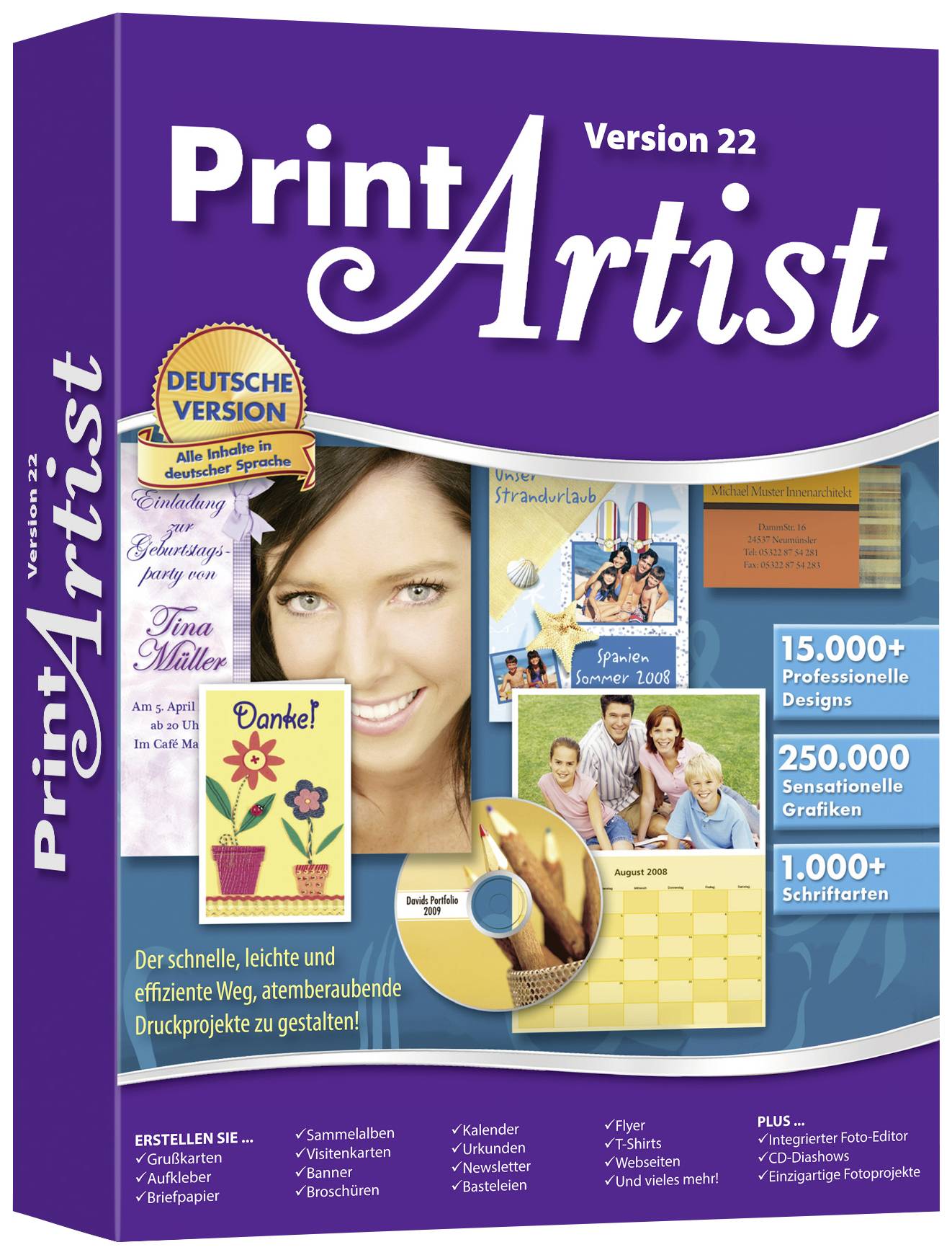 Software 'Print Artist Verze 22': Nabízí přes 15.000 designů, 250.000 grafik a 1.000 druhů písma; jednoduché tiskové projekty.