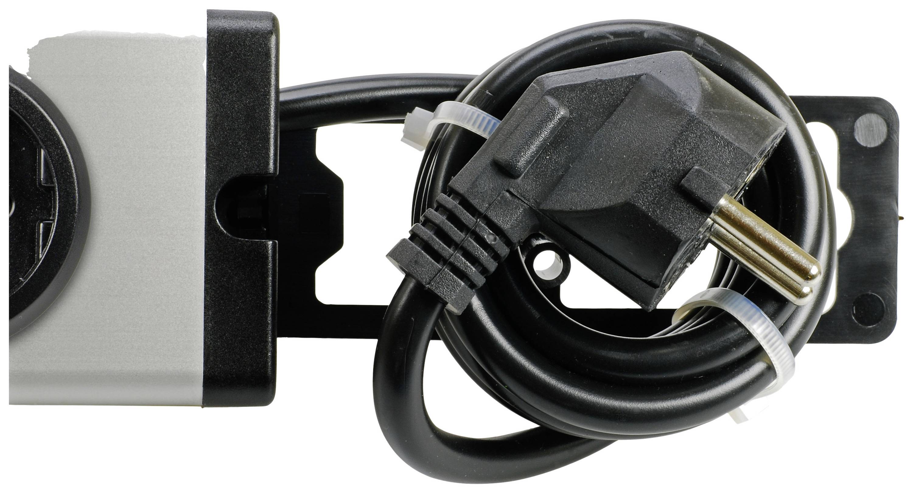 Černý síťový kabel se Schuko zástrčkou, svinutý a upevněný kabelovou sponou, vedle černého plastového držáku.