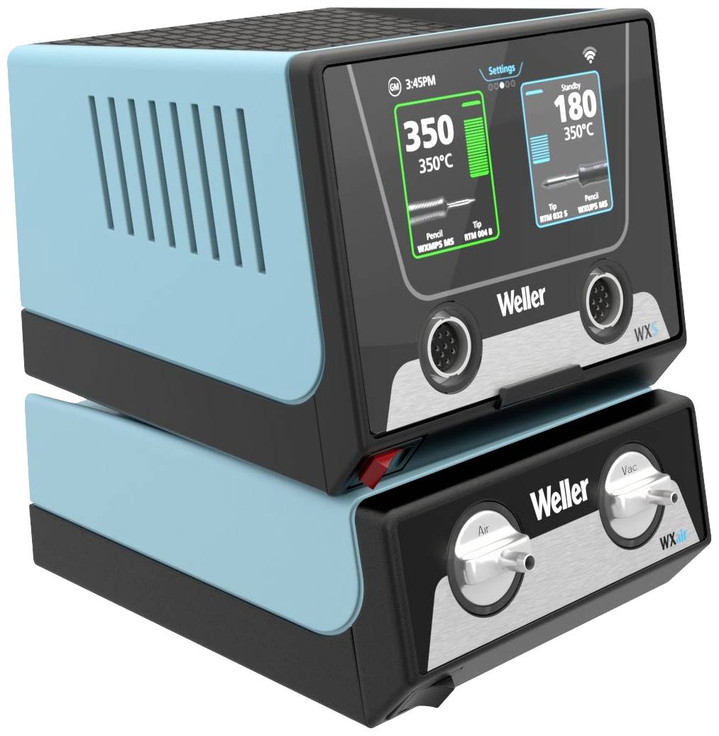 Pájecí stanice s digitálním displejem zobrazuje '350°C' pro kanál 1 a '180°C' pro kanál 2, s indikátorem napájení, oba ovladače jsou značky 'Weller'.