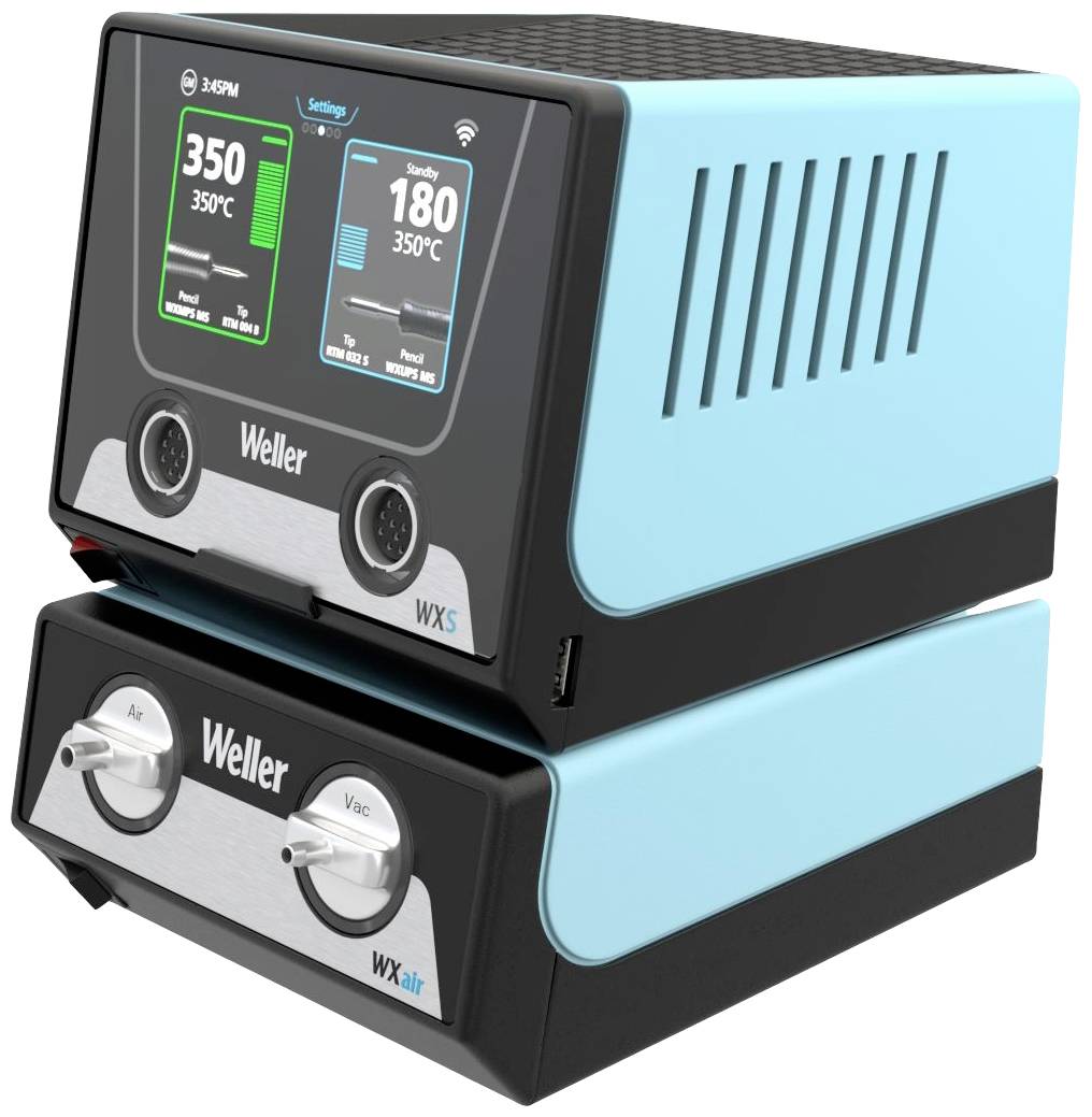 Pájecí stanice v modré a černé barvě s digitálním displejem zobrazuje teplotu 350°C. Dva otočné knoflíky pro nastavení.