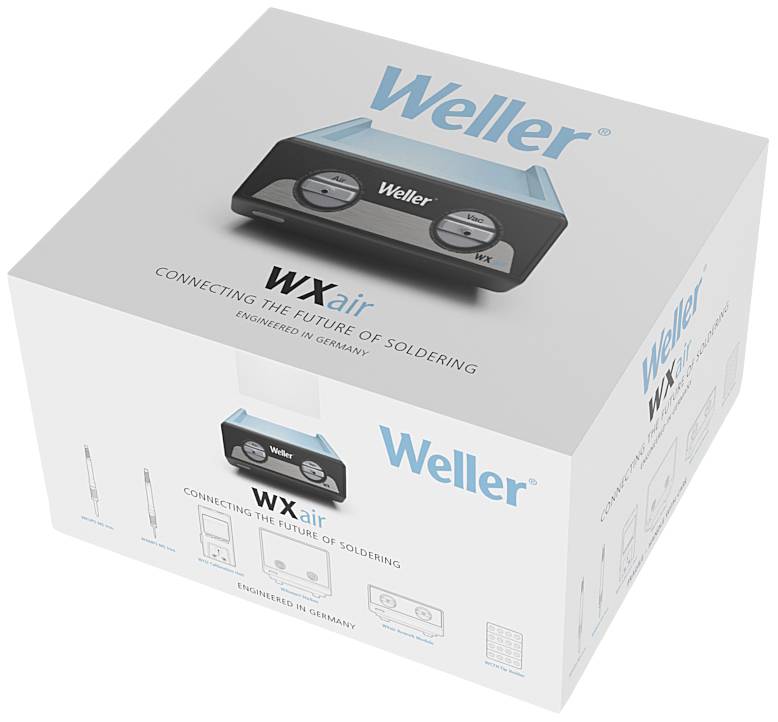 Na obrázku je vidět obal značky Weller. Zobrazuje produkt 'WXair', zařízení pro pájení, s nápisem 'Connecting the Future of Soldering'.
