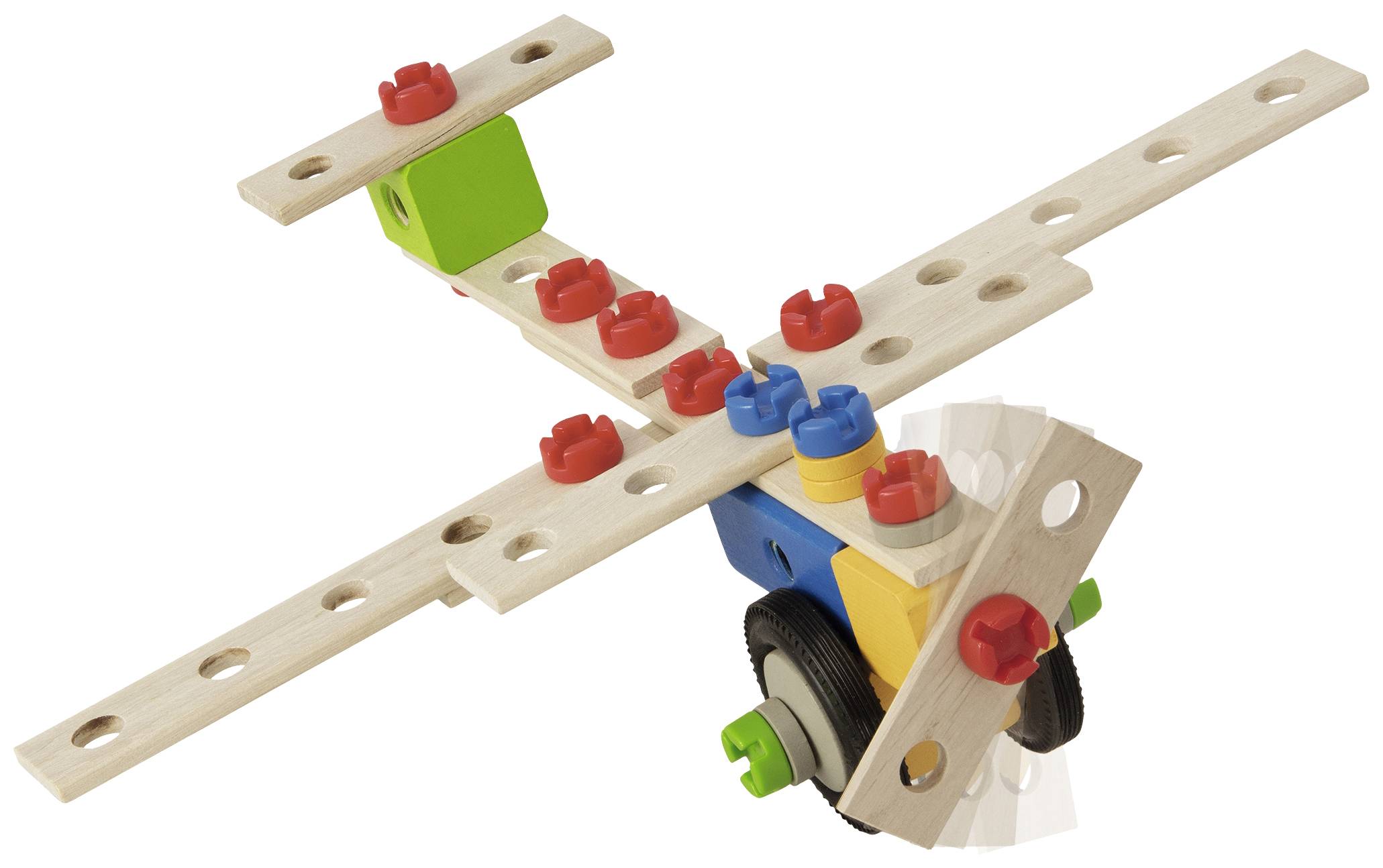 Model letadla vyrobený z dřevěných hraček s červenými, modrými a zelenými spojovacími prvky; demonstrující princip stavebnice.