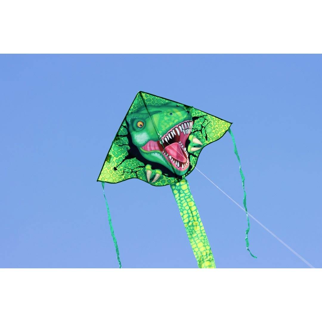 Zelený drak s motivem dinosaura letí modrou oblohou. Drak má dlouhé, zelené ocasy.