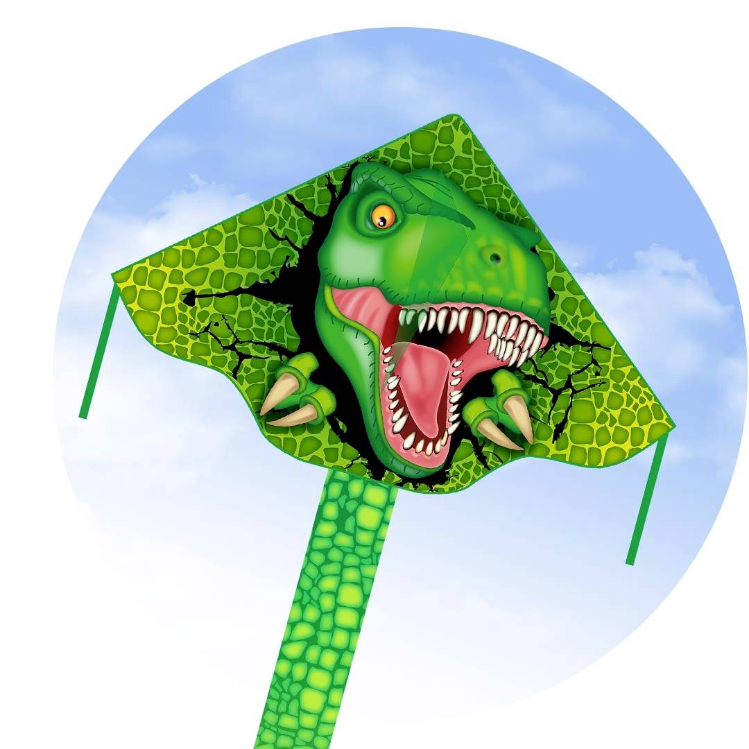 Drak s designem dinosauří hlavy před modrým nebem. Dinosaurus má otevřenou tlamu a ukazuje své zuby.