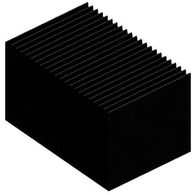 Černý, kvádrový blok s rýhovaným povrchem, který připomíná chladič nebo tepelný absorbér.
