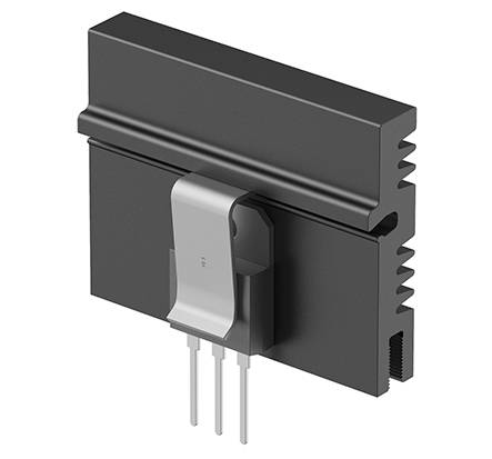 Obrázek elektronické součástky s chladičem, třemi připojovacími nožkami a kovovým klipem pro odvod tepla.