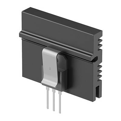 Obrázek elektronické součástky s chladičem, třemi připojovacími nožkami a kovovým klipem pro odvod tepla.