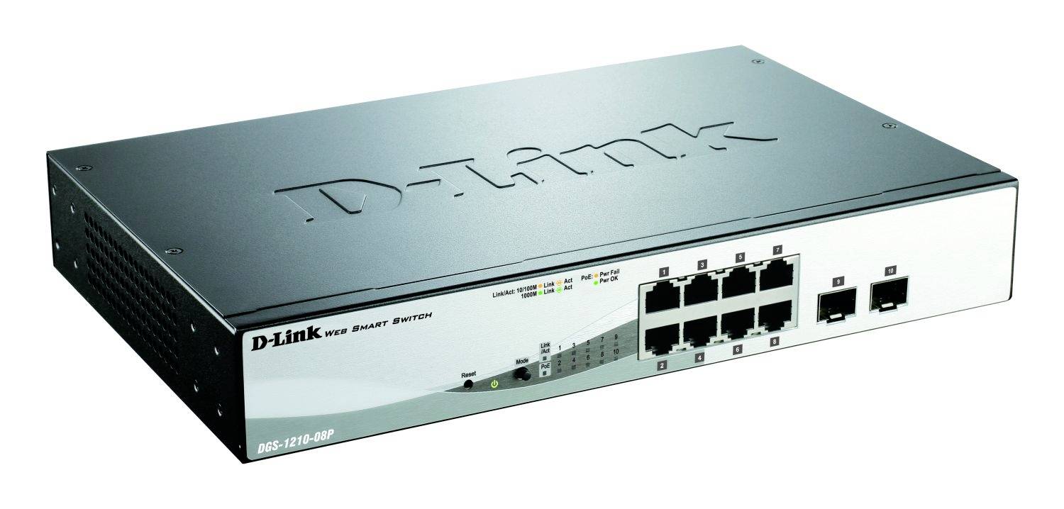 D-Link síťový switch s osmi ethernetovými porty a dvěma malými moduly, v černostříbrném designu, určený pro síťová připojení.
