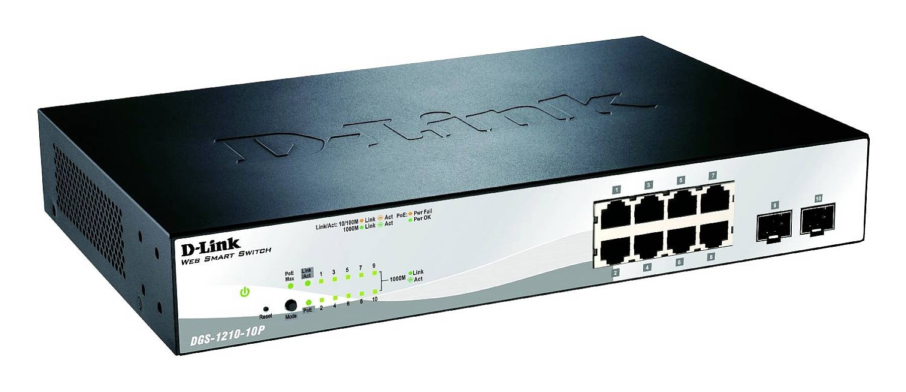 Síťový switch D-Link s 16 porty Gigabit Ethernet, model DGS-1210-16P, vybavený několika síťovými konektory a indikátory provozu a poruch.
