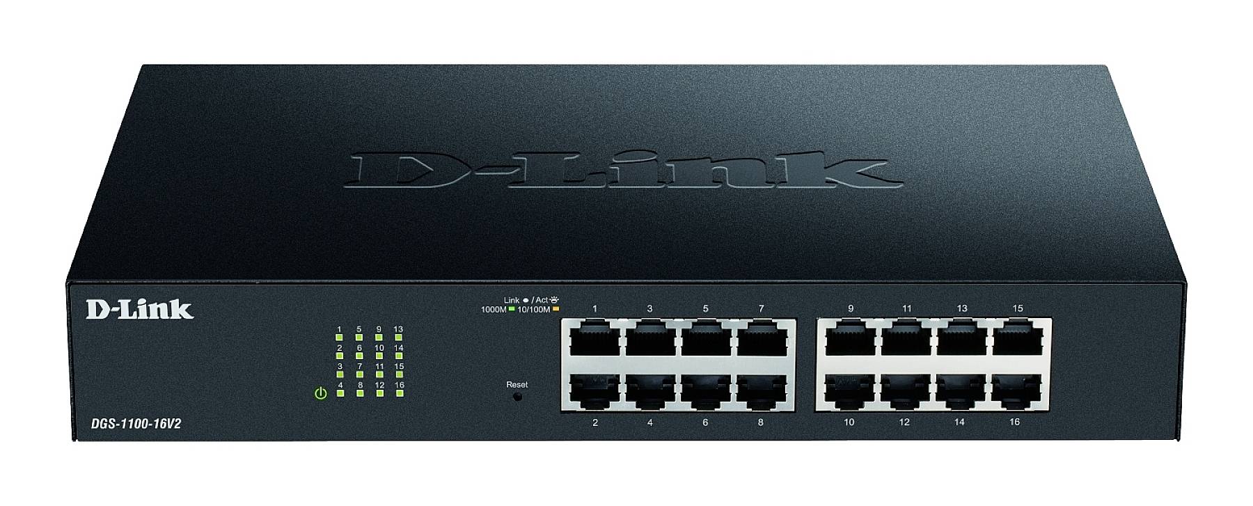 Snímek obrazovky síťového přepínače D-Link se 16 ethernetovými porty. Vlevo LED indikátory stavu a aktivity.