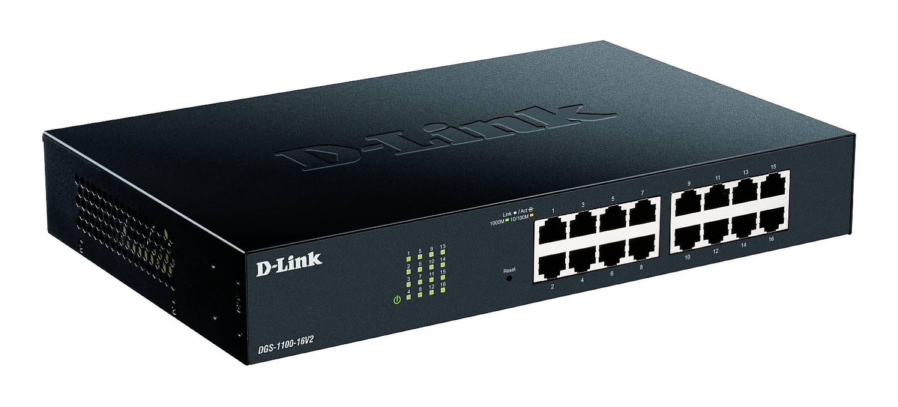 Černý ethernetový switch se 16 porty. Na levé straně jsou umístěny LED indikátory. Nahoře je viditelné logo 'D-Link'.