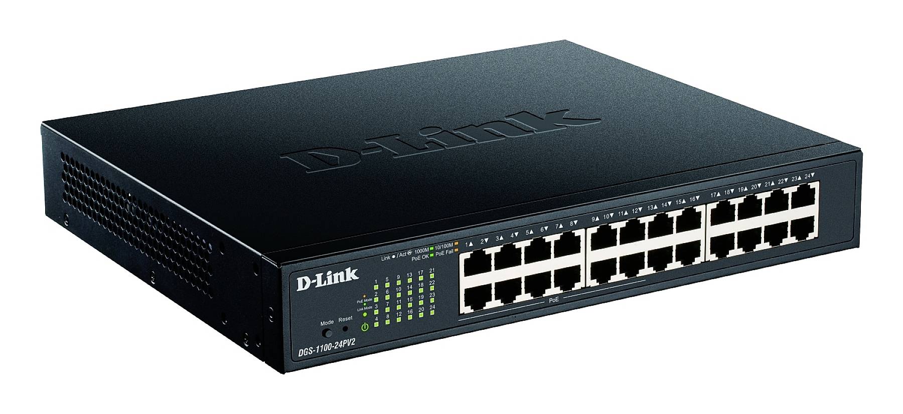 24portový ethernetový switch od D-Linku. Černé tělo s LED indikátory pro aktivitu a stav.