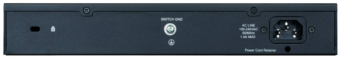Zadní strana elektronického zařízení s hlavním vypínačem uprostřed a napájecím konektorem vpravo.