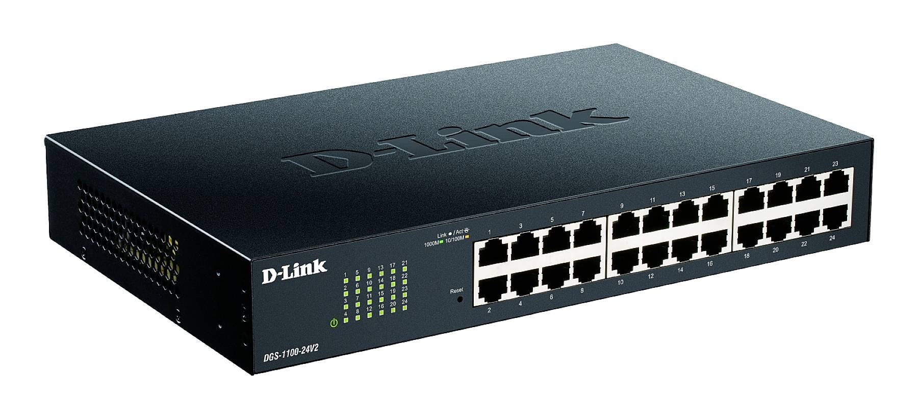 Černý síťový switch značky D-Link se 24 ethernetovými porty a zelenými LED indikátory.