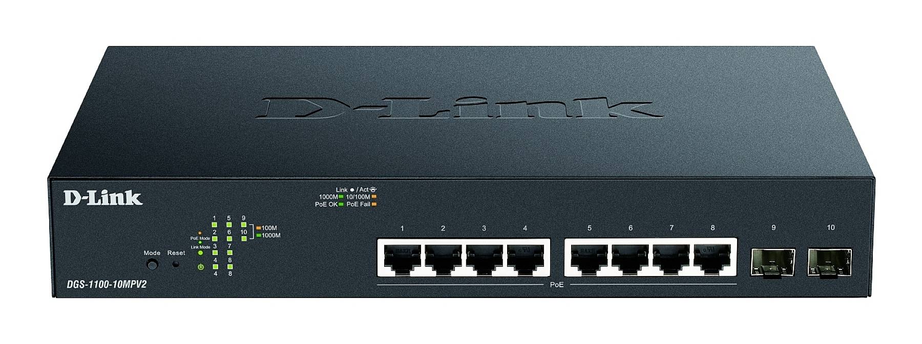 D-Link DGS-1100-10MPV2 síťový switch s osmi ethernetovými porty a dvěma SFP porty, vhodný pro malé až střední sítě.