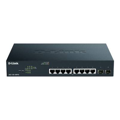 D-Link DGS-1100-10MPV2 síťový switch s osmi ethernetovými porty a dvěma SFP porty, vhodný pro malé až střední sítě.