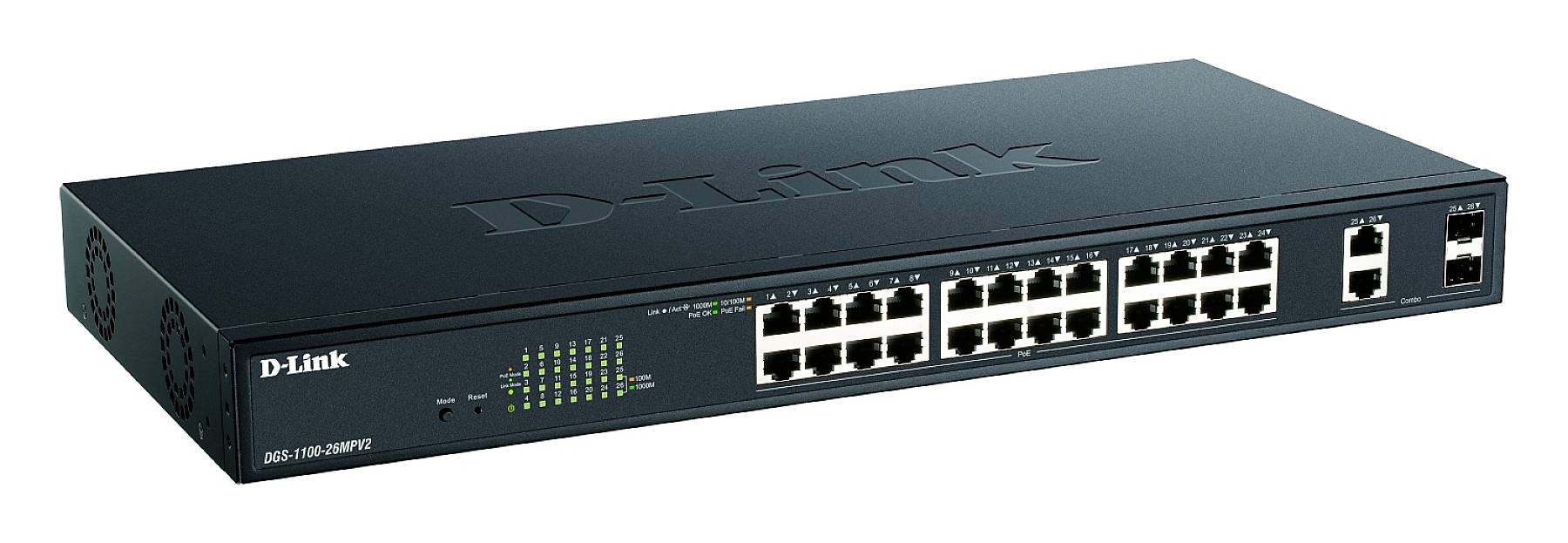 Síťový switch D-Link s několika ethernetovými porty pro propojení počítačů v síti.