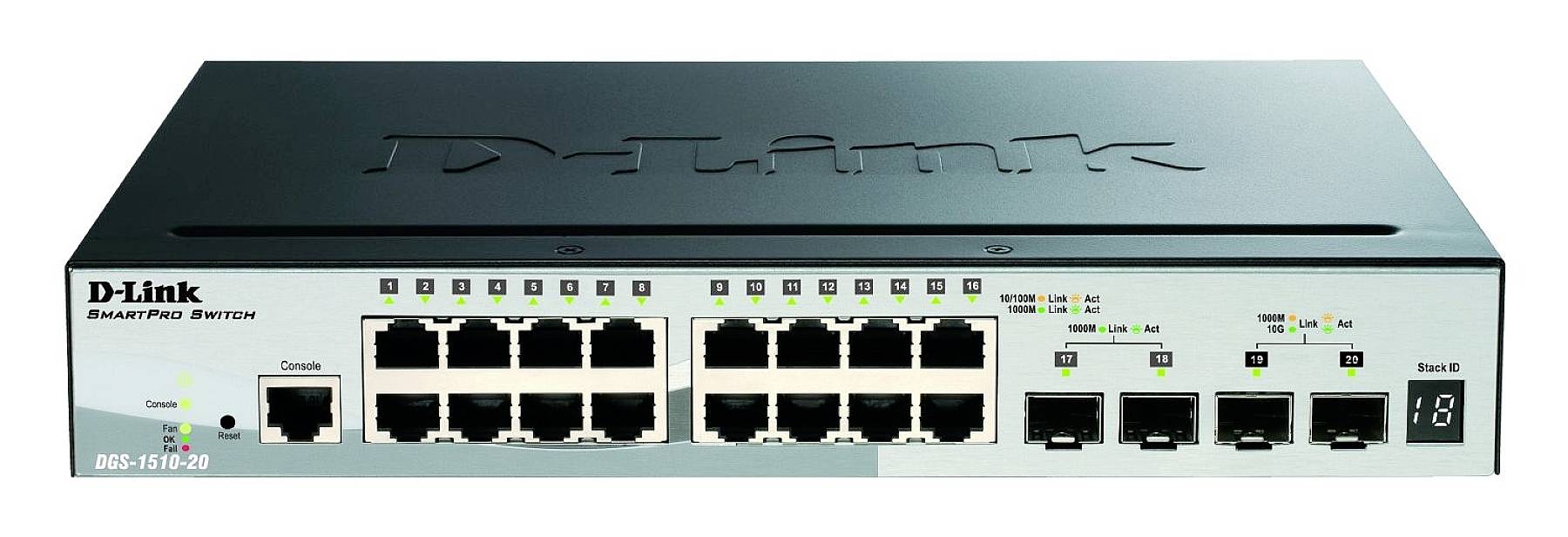 D-Link SmartPro switch s 20 ethernetovými porty a 4 SFP porty, vhodný pro síťové konfigurace v malých a středních podnicích.