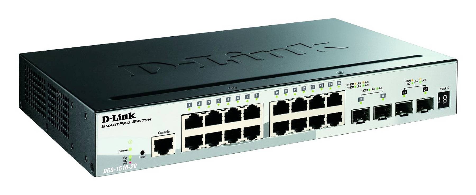 Síťový switch od D-Linku s 24 ethernetovými porty a 4 SFP porty, vhodný pro správu firemních sítí.