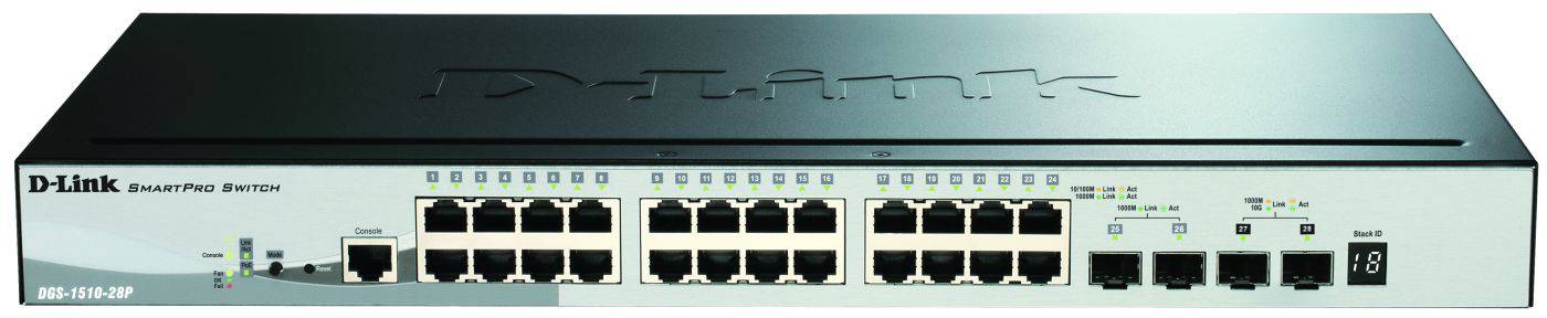 Síťový switch s několika ethernetovými a optickými porty, pravděpodobně model od společnosti D-Link, vhodný pro rozšířené síťové konfigurace.