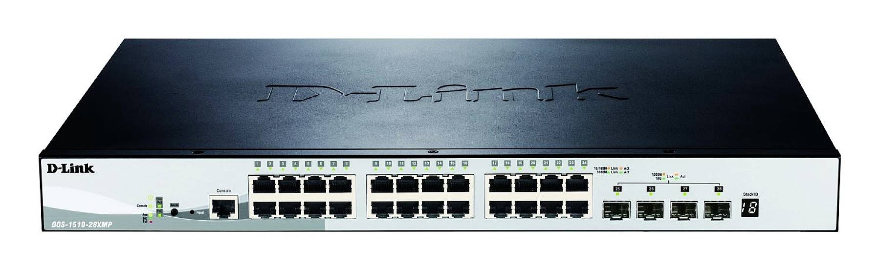 Síťový switch s 24 ethernetovými porty a 4 SFP porty. Logo D-Link vlevo nahoře. Model: DGS-1210-28MP. Černý horní kryt.