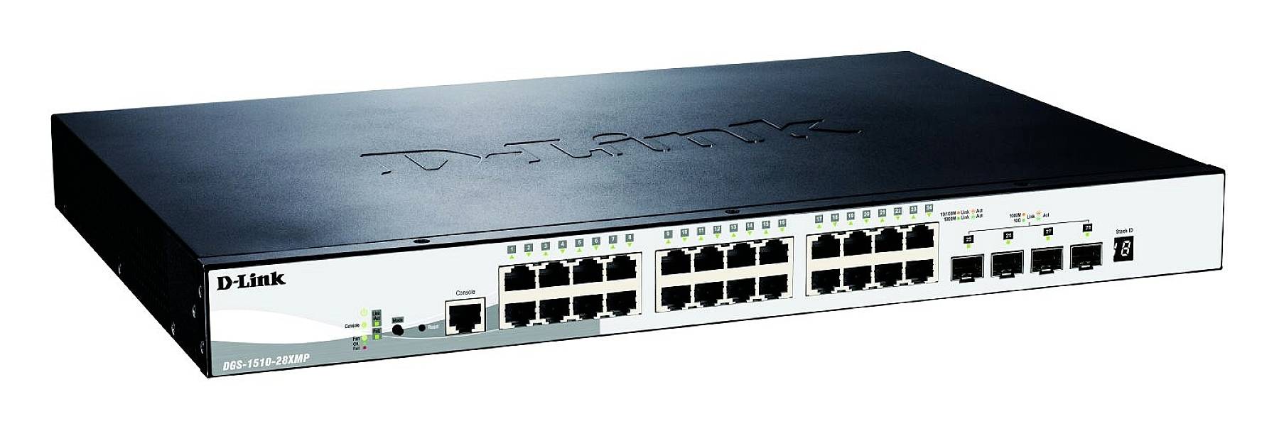 Síťový switch s 24 ethernetovými porty a několika optickými vláknovými přípojkami. Ideální pro pokročilé konfigurace kancelářských sítí.
