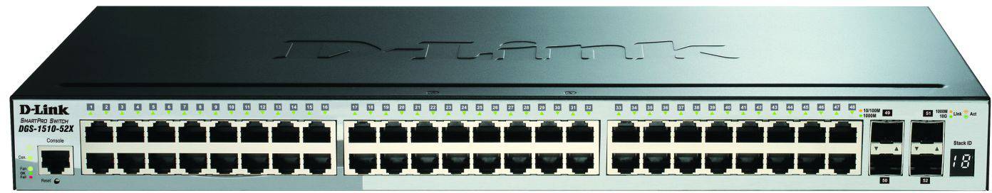 Síťový switch od D-Linku s 48 ethernetovými porty pro propojení několika zařízení v rámci jedné sítě.