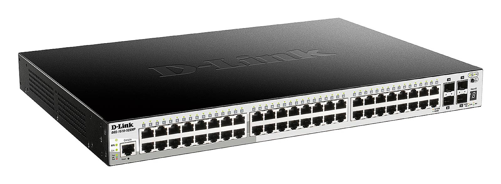 Černý síťový switch s 48 ethernetovými porty a několika LED diodami, vhodný pro propojení více zařízení v síti.