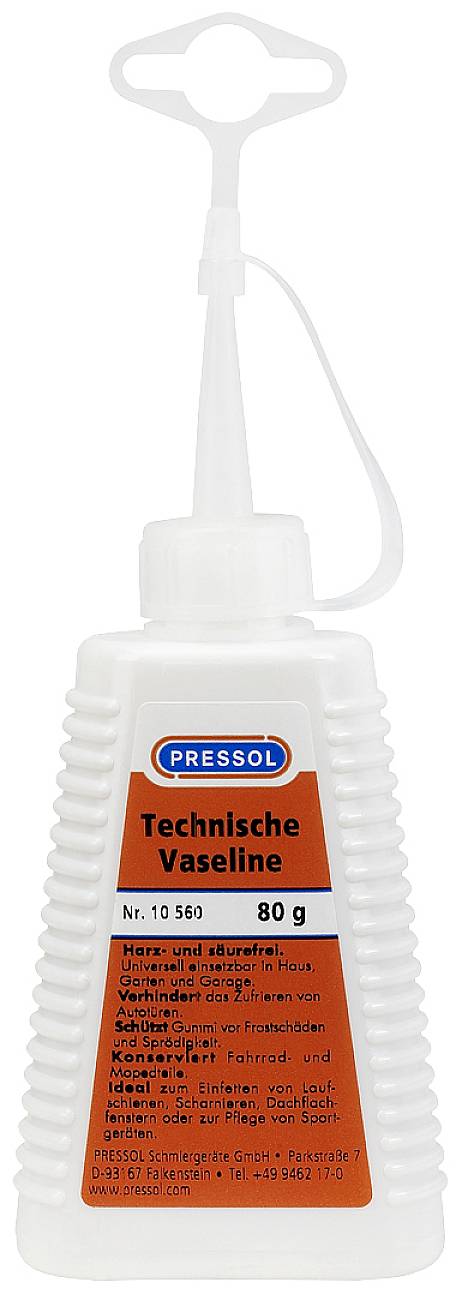 Bílá, žebrovaná plastová láhev s červenou etiketou a modrým logem. Nápis: 'Technická vazelína, 80 g, Pressol'.