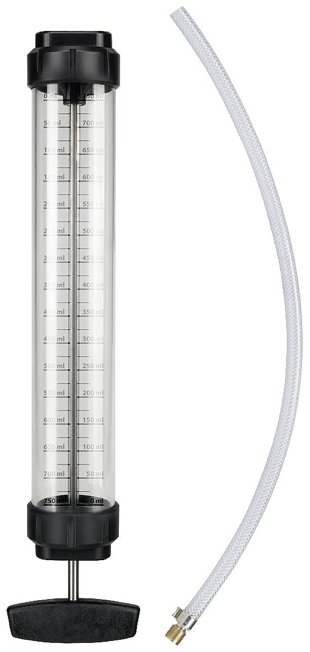Průhledný odměrný válec s vyznačením objemu od 10 ml do 60 ml a flexibilní hadicí, pravděpodobně určený pro měření kapalin.