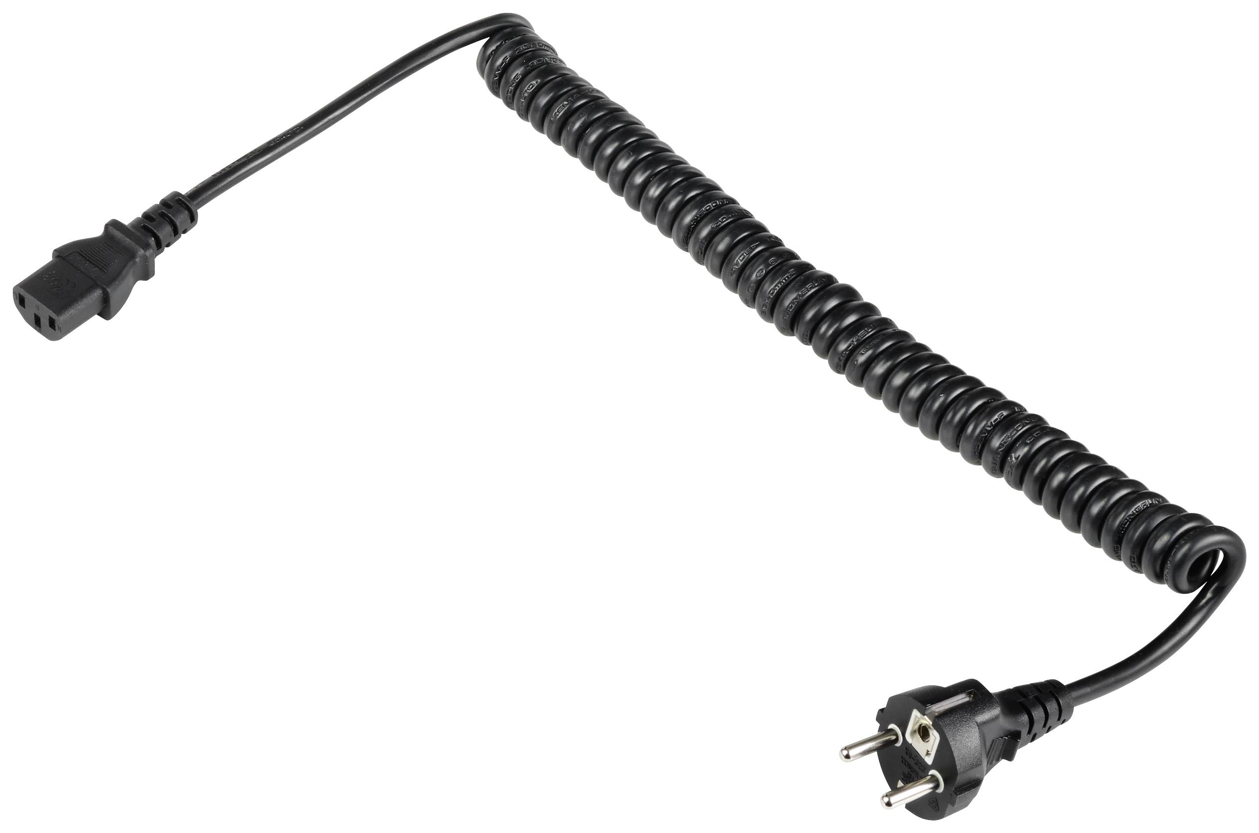 Černý spirálovitý síťový kabel s eurozástrčkou na jedné straně a samičkou IEC konektoru na straně druhé.