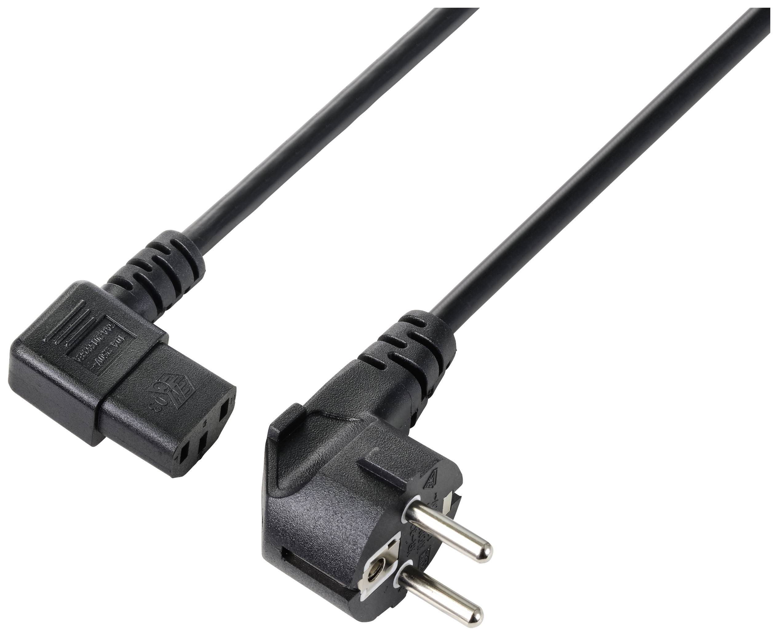 Černý síťový kabel s úhlovým síťovým konektorem a zásuvkou C13. Vhodný pro připojení zařízení ke zdroji napájení.