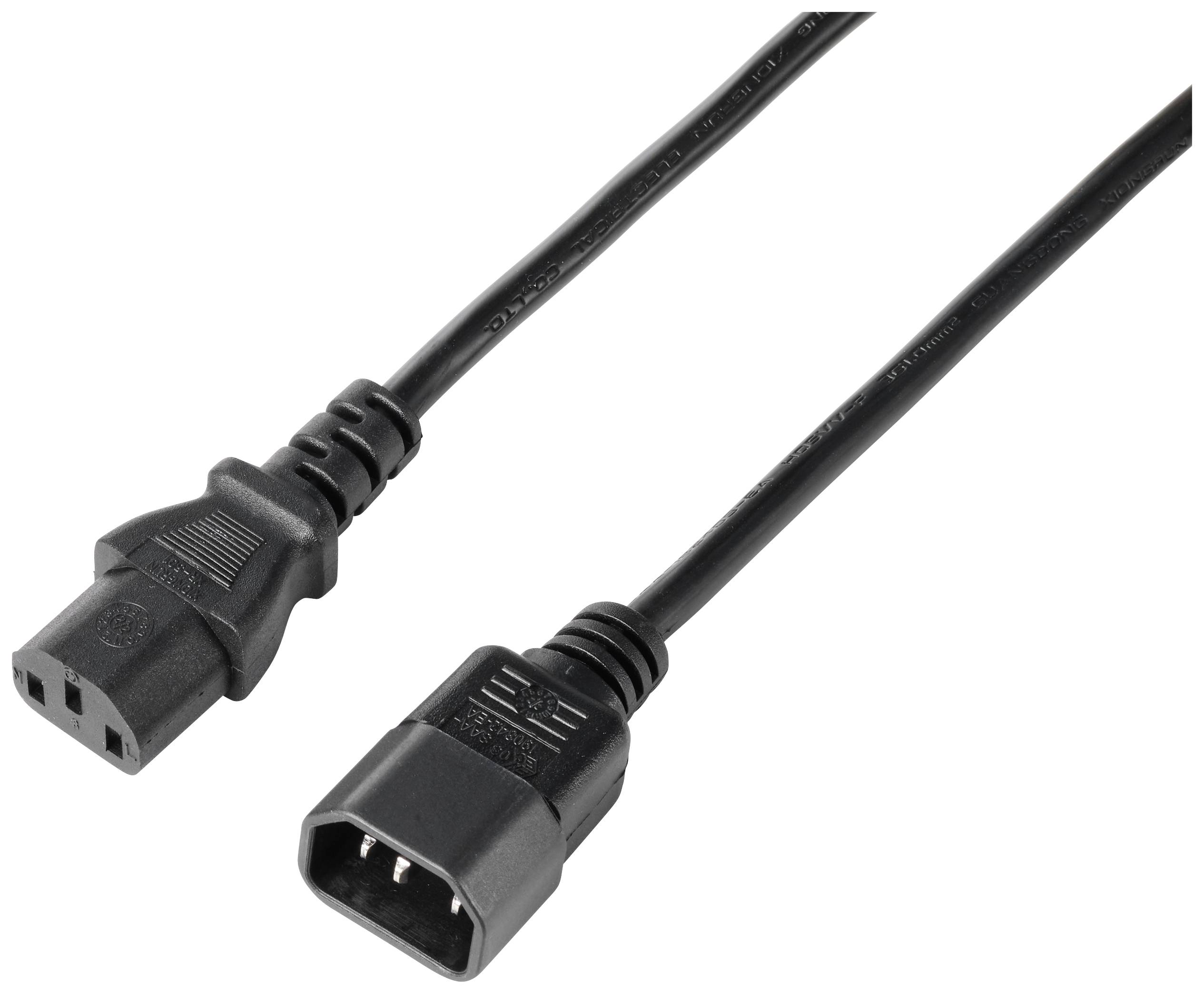 Síťový kabel s IEC-C13 samičkou na levé straně a IEC-C14 samcem na straně pravé.