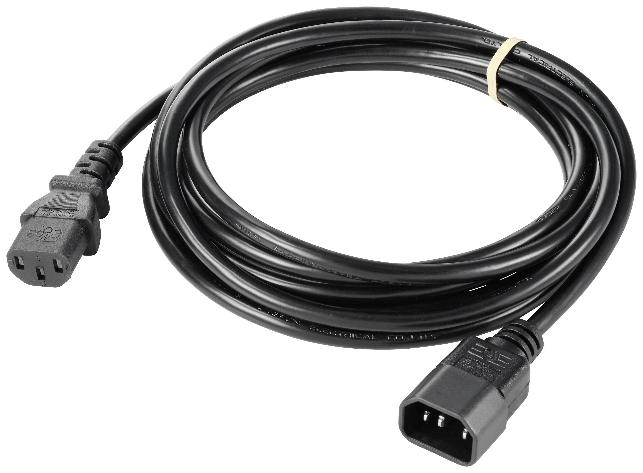 Černý síťový kabel se dvěma konektory na koncích, přičemž jeden konektor je C13 a druhý C14.